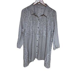 LOGO Lori Goldstein XL Button Down Tunic Top Geometric Print 3/4‎ Sleeve